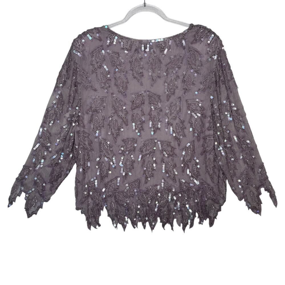 Vintage 1980s Emily Daniel Silk Beaded Sequin Leaf Hem Top Skirt Set Large - Picture 5 of 16